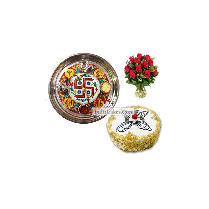 Golden Thali With Red Design And Half Kg Eggless Butterscotch Cake And 10 Red Roses Bunch Golden Thali With Red Design And Half Kg Eggless Butterscotch Cake And 10 Red Roses Bunch