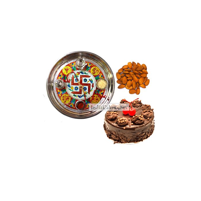 Golden Thali With Red Design And Half Kg Eggless Chocolate Truffle Cake And 250 gms Almond Dryfruits Golden Thali With Red Design And Half Kg Eggless Chocolate Truffle Cake And 250 gms Almond Dryfruits