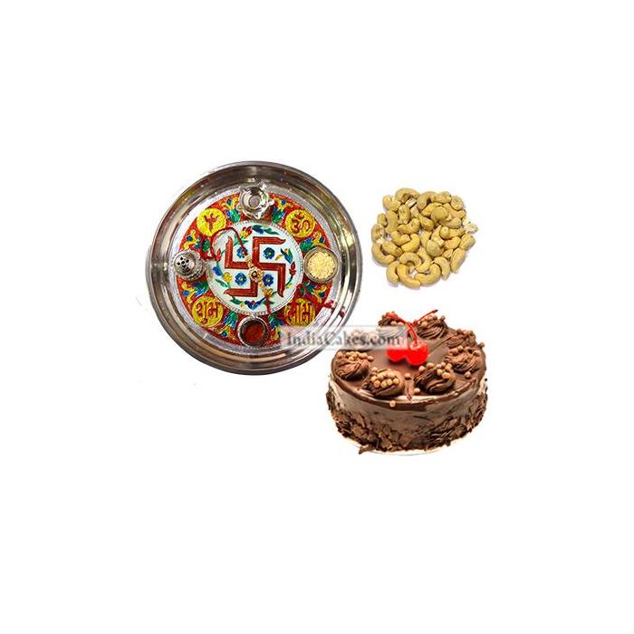 Golden Thali With Red Design And Half Kg Eggless Chocolate Truffle Cake And 250 gms Cashew Dryfruits Golden Thali With Red Design And Half Kg Eggless Chocolate Truffle Cake And 250 gms Cashew Dryfruits