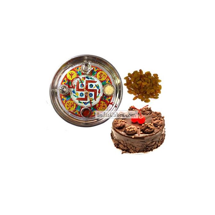Golden Thali With Red Design And Half Kg Eggless Chocolate Truffle Cake And 250 gms Raisins Dryfruits Golden Thali With Red Design And Half Kg Eggless Chocolate Truffle Cake And 250 gms Raisins Dryfruits