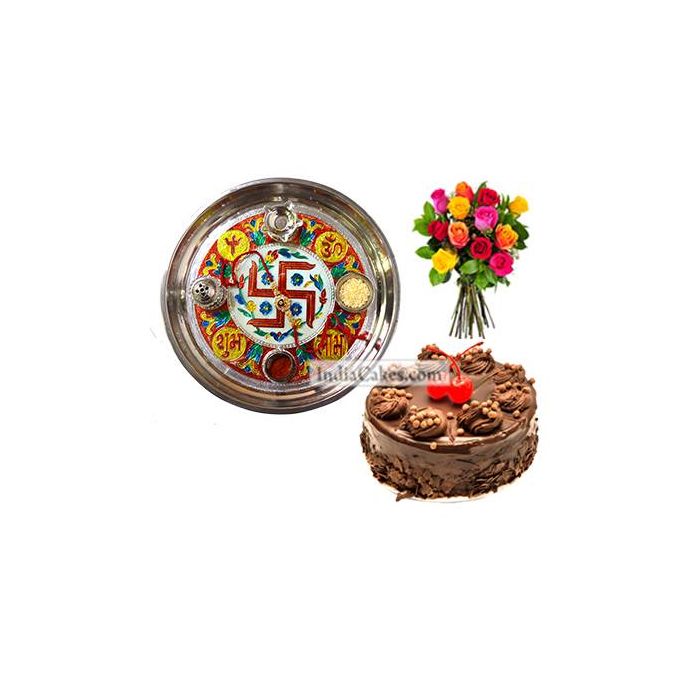 Golden Thali With Red Design And Half Kg Eggless Chocolate Truffle Cake And 10 Mix Roses Bunch Golden Thali With Red Design And Half Kg Eggless Chocolate Truffle Cake And 10 Mix Roses Bunch