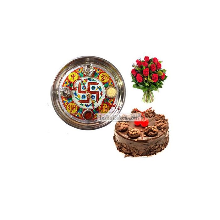 Golden Thali With Red Design And Half Kg Eggless Chocolate Truffle Cake And 10 Red Roses Bunch Golden Thali With Red Design And Half Kg Eggless Chocolate Truffle Cake And 10 Red Roses Bunch
