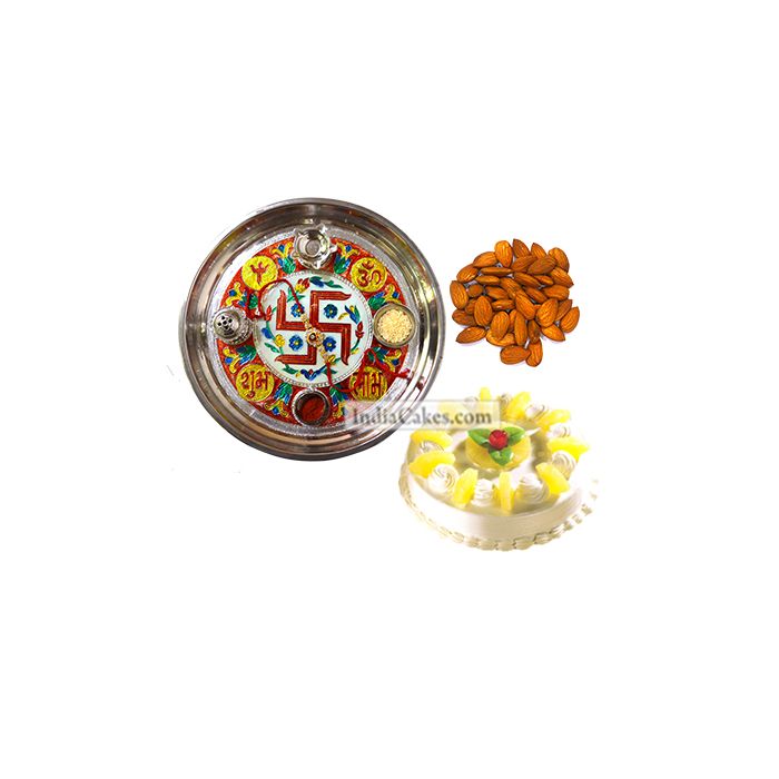 Golden Thali With Red Design And Half Kg Eggless Pineapple Cake And 250 gms Almond Dryfruits Golden Thali With Red Design And Half Kg Eggless Pineapple Cake And 250 gms Almond Dryfruits