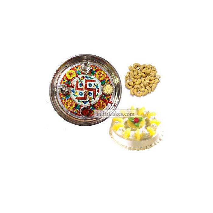 Golden Thali With Red Design And Half Kg Eggless Pineapple Cake And 250 gms Cashew Dryfruits