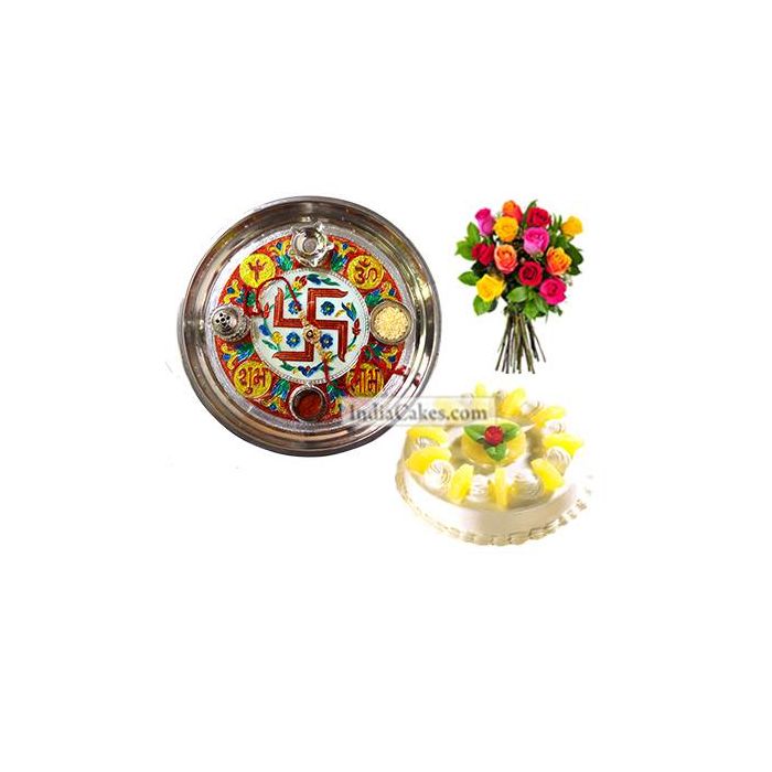 Golden Thali With Red Design And Half Kg Eggless Pineapple Cake And 10 Mix Roses Bunch