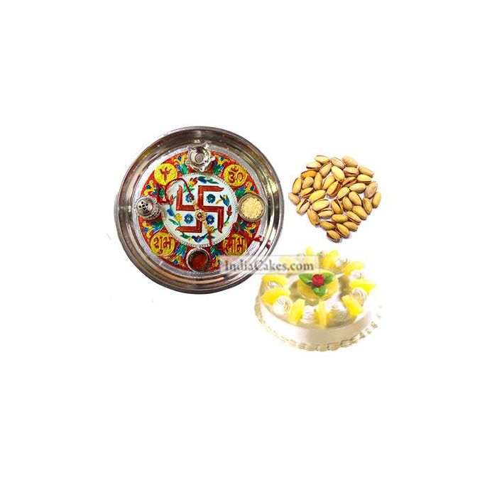 Golden Thali With Red Design And Half Kg Eggless Pineapple Cake And 250 gms Pista Dryfruits Golden Thali With Red Design And Half Kg Eggless Pineapple Cake And 250 gms Pista Dryfruits