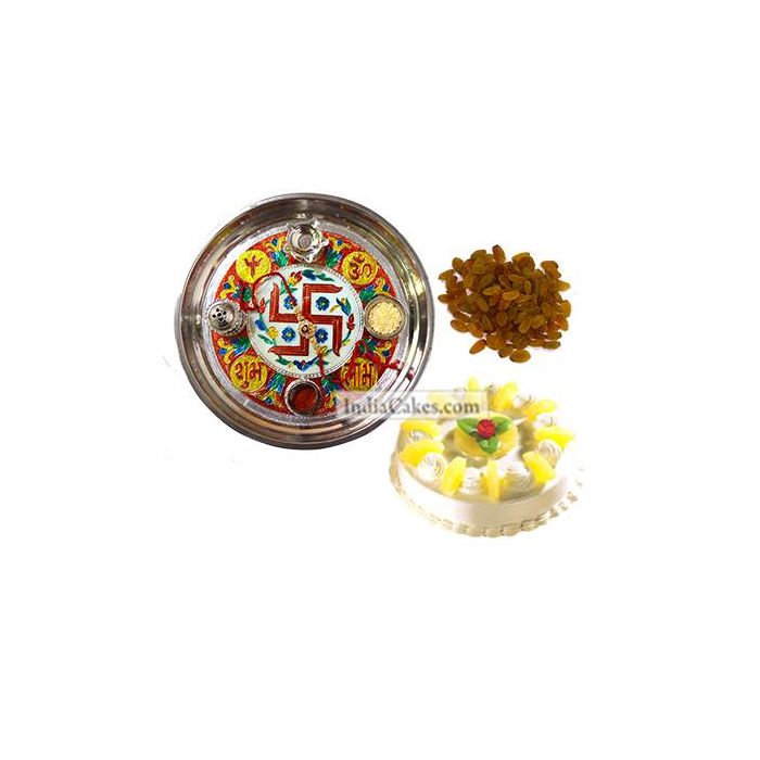 Golden Thali With Red Design And Half Kg Eggless Pineapple Cake And 250 gms Raisins Dryfruits Golden Thali With Red Design And Half Kg Eggless Pineapple Cake And 250 gms Raisins Dryfruits