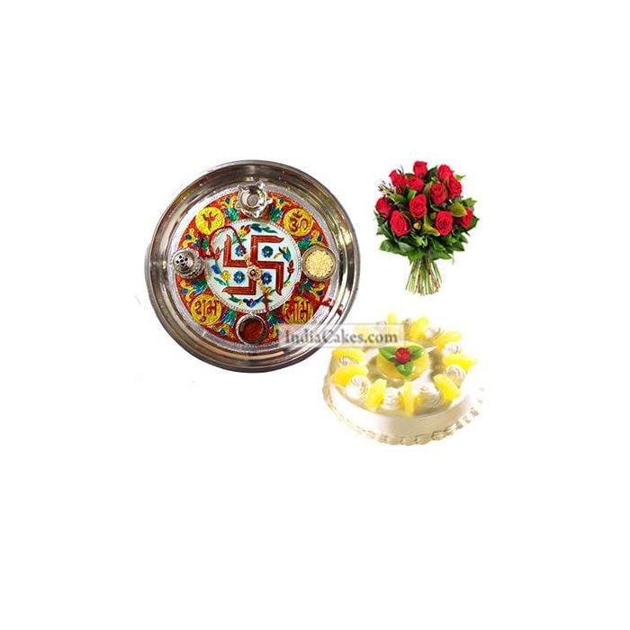 Golden Thali With Red Design And Half Kg Eggless Pineapple Cake And 10 Red Roses Bunch