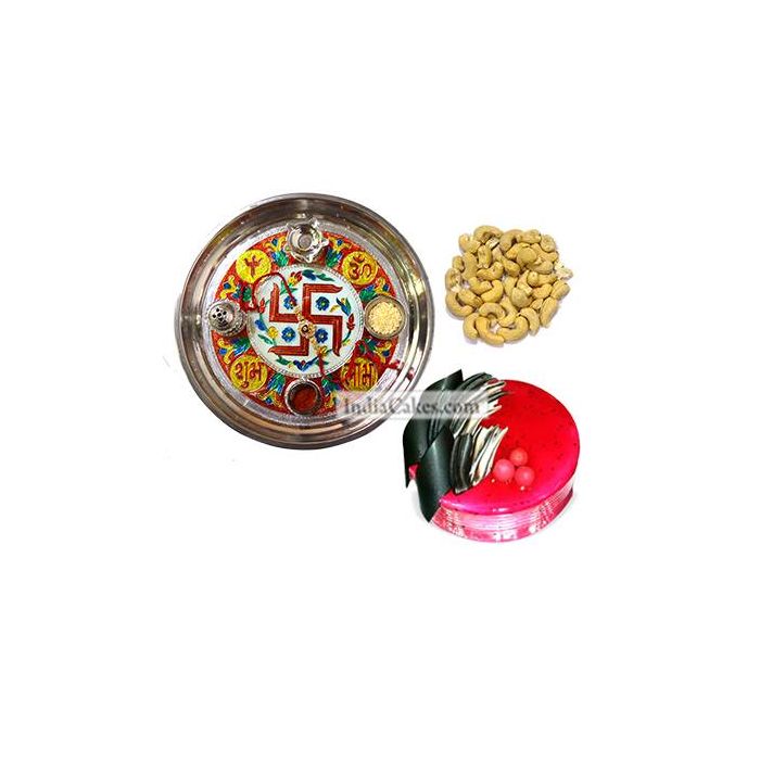 Golden Thali With Red Design And Half Kg Eggless Strawberry Cake And 250 gms Cashew Dryfruits Golden Thali With Red Design And Half Kg Eggless Strawberry Cake And 250 gms Cashew Dryfruits