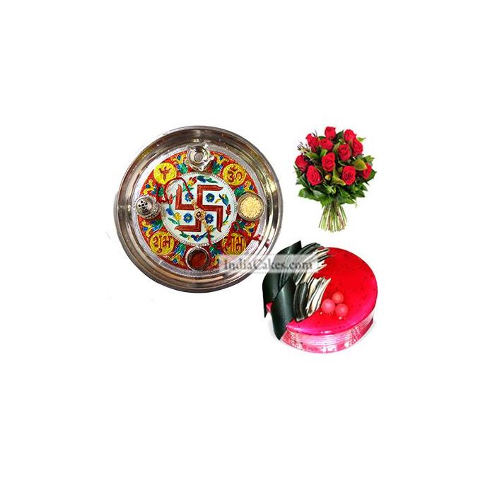 Golden Thali With Red Design And Half Kg Eggless Strawberry Cake And 10 Red Roses Bunch Golden Thali With Red Design And Half Kg Eggless Strawberry Cake And 10 Red Roses Bunch