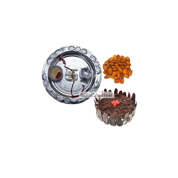Silver Thali And Half Kg Eggless Black Forest Cake And 250 gms Almond Dryfruits Silver Thali And Half Kg Eggless Black Forest Cake And 250 gms Almond Dryfruits