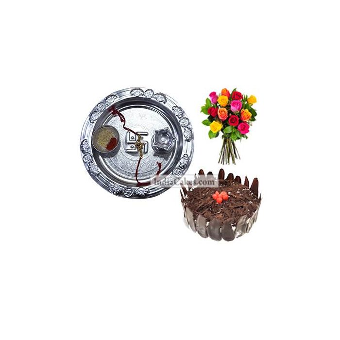 Silver Thali And Half Kg Eggless Black Forest Cake And 10 Mix Roses Bunch