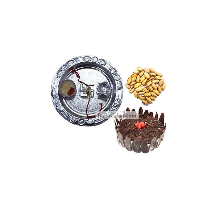 Silver Thali And Half Kg Eggless Black Forest Cake And 250 gms Pista Dryfruits Silver Thali And Half Kg Eggless Black Forest Cake And 250 gms Pista Dryfruits
