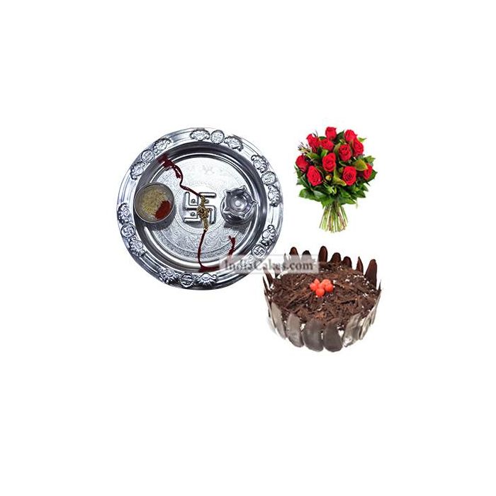 Silver Thali And Half Kg Eggless Black Forest Cake And 10 Red Roses Bunch