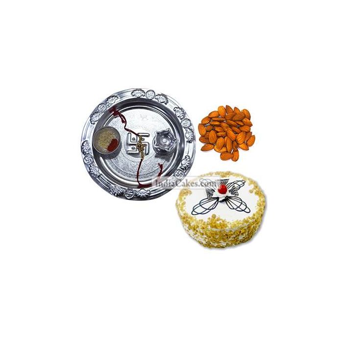 Silver Thali And Half Kg Eggless Pineapple Cake And 250 gms Almond Dryfruits Silver Thali And Half Kg Eggless Pineapple Cake And 250 gms Almond Dryfruits