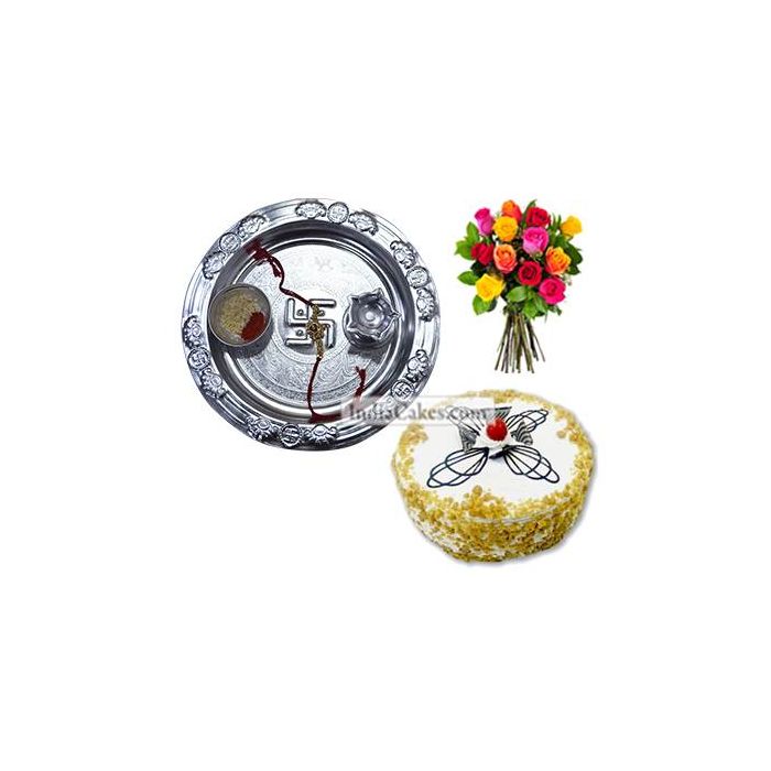 Silver Thali And Half Kg Eggless Butterscotch Cake And 10 Mix Roses Bunch