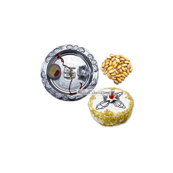 Silver Thali And Half Kg Eggless Butterscotch Cake And 250 gms Pista Dryfruits