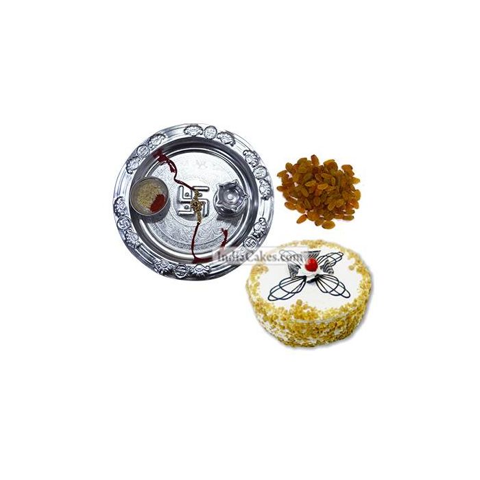 Silver Thali And Half Kg Eggless Butterscotch Cake And 250 gms Raisins Dryfruits Silver Thali And Half Kg Eggless Butterscotch Cake And 250 gms Raisins Dryfruits