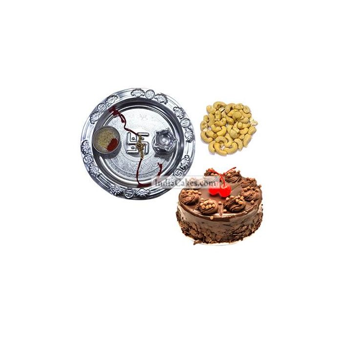 Silver Thali And Half Kg Eggless Chocolate Truffle Cake And 250 gms Cashew Dryfruits