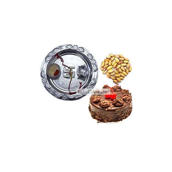 Silver Thali And Half Kg Eggless Chocolate Truffle Cake And 250 gms Pista Dryfruits Silver Thali And Half Kg Eggless Chocolate Truffle Cake And 250 gms Pista Dryfruits