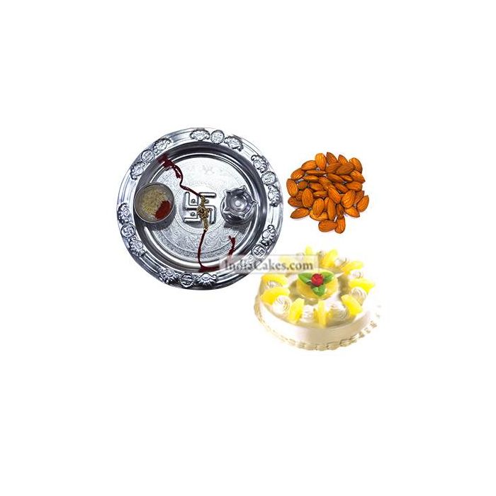 Silver Thali And Half Kg Eggless Pineapple Cake And 250 gms Almond Dryfruits Silver Thali And Half Kg Eggless Pineapple Cake And 250 gms Almond Dryfruits
