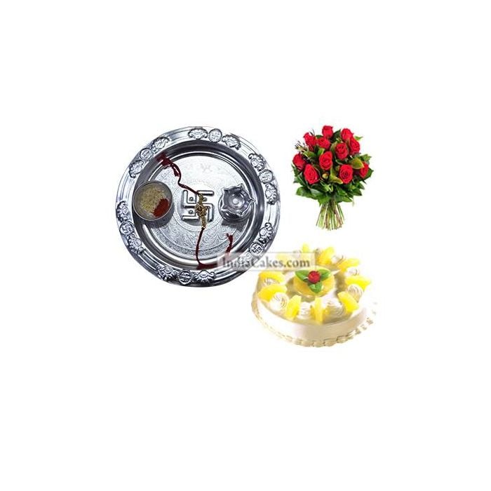 Silver Thali And Half Kg Eggless Pineapple Cake And 10 Red Roses Bunch Silver Thali And Half Kg Eggless Pineapple Cake And 10 Red Roses Bunch