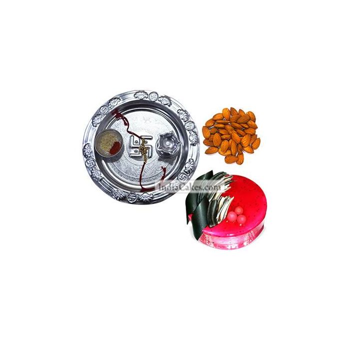 Silver Thali And Half Kg Eggless Strawberry Cake And 250 gms Almond Dryfruits Silver Thali And Half Kg Eggless Strawberry Cake And 250 gms Almond Dryfruits