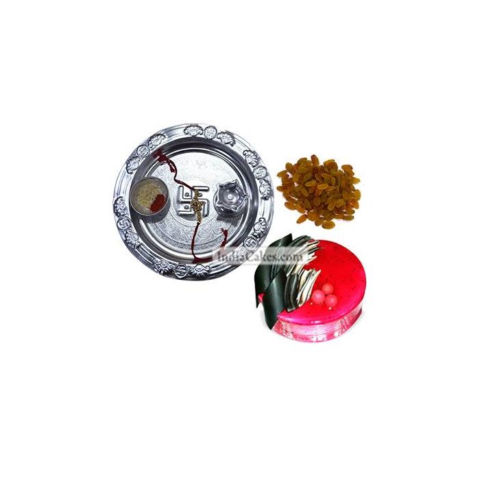 Silver Thali And Half Kg Eggless Strawberry Cake And 250 gms Raisins Dryfruits Silver Thali And Half Kg Eggless Strawberry Cake And 250 gms Raisins Dryfruits