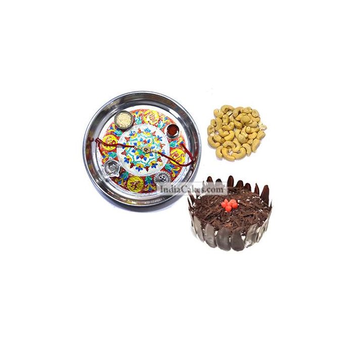 Silver Thali With Design And Half Kg Eggless Black Forest Cake And 250 gms Cashew Dryfruits Silver Thali With Design And Half Kg Eggless Black Forest Cake And 250 gms Cashew Dryfruits