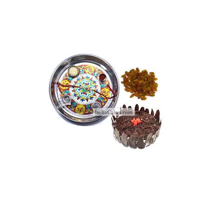 Silver Thali With Design And Half Kg Eggless Black Forest Cake And 250 gms Raisins Dryfruits Silver Thali With Design And Half Kg Eggless Black Forest Cake And 250 gms Raisins Dryfruits