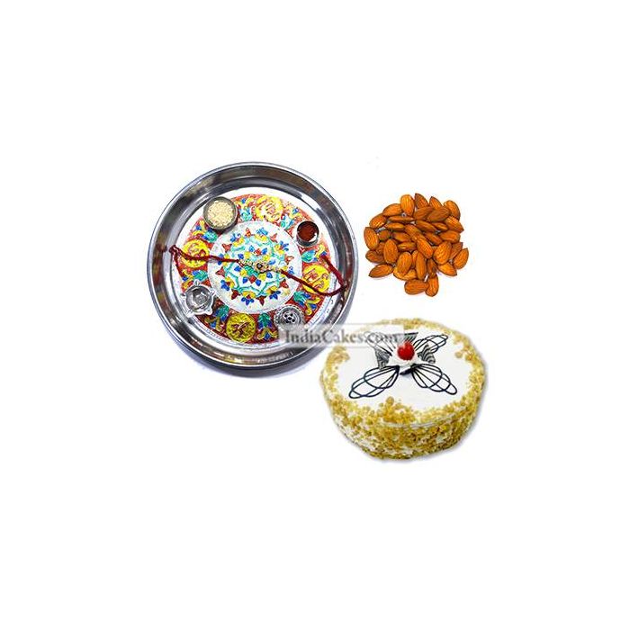 Silver Thali With Design And Half Kg Eggless Butterscotch Cake And 250 gms Almond Dryfruits Silver Thali With Design And Half Kg Eggless Butterscotch Cake And 250 gms Almond Dryfruits