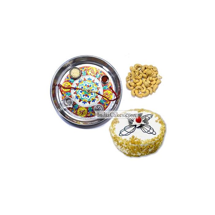 Silver Thali With Design And Half Kg Eggless Butterscotch Cake And 250 gms Cashew Dryfruits Silver Thali With Design And Half Kg Eggless Butterscotch Cake And 250 gms Cashew Dryfruits