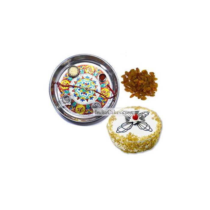 Silver Thali With Design And Half Kg Eggless Butterscotch Cake And 250 gms Raisins Dryfruits Silver Thali With Design And Half Kg Eggless Butterscotch Cake And 250 gms Raisins Dryfruits
