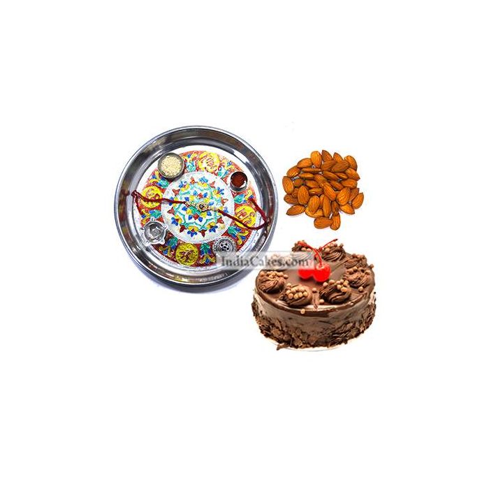 Silver Thali With Design And Half Kg Eggless Chocolate Truffle Cake And 250 gms Almond Dryfruits Silver Thali With Design And Half Kg Eggless Chocolate Truffle Cake And 250 gms Almond Dryfruits