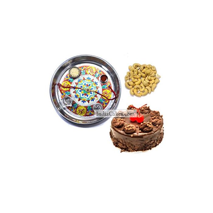 Silver Thali With Design And Half Kg Eggless Chocolate Truffle Cake And 250 gms Cashew Dryfruits Silver Thali With Design And Half Kg Eggless Chocolate Truffle Cake And 250 gms Cashew Dryfruits