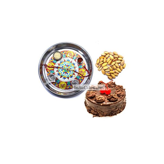 Silver Thali With Design And Half Kg Eggless Chocolate Truffle Cake And 250 gms Pista Dryfruits Silver Thali With Design And Half Kg Eggless Chocolate Truffle Cake And 250 gms Pista Dryfruits