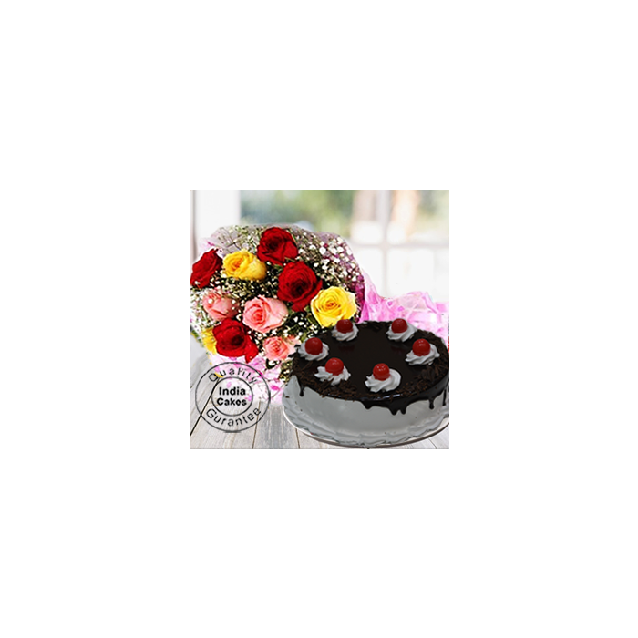 Half Kg Rich Black Forest Cake with 9 Mix Roses Half Kg Rich Black Forest Cake with 9 Mix Roses