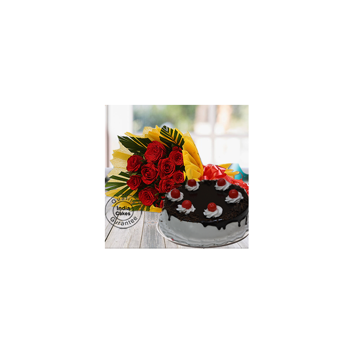 Rich Black Forest Cake with 12 Red Roses Rich Black Forest Cake with 12 Red Roses