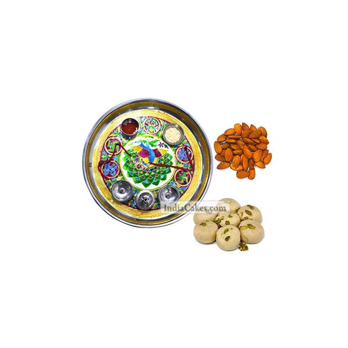Golden Thali With Green Design And Pedha With Almond Dryfruits Golden Thali With Green Design And Pedha With Almond Dryfruits