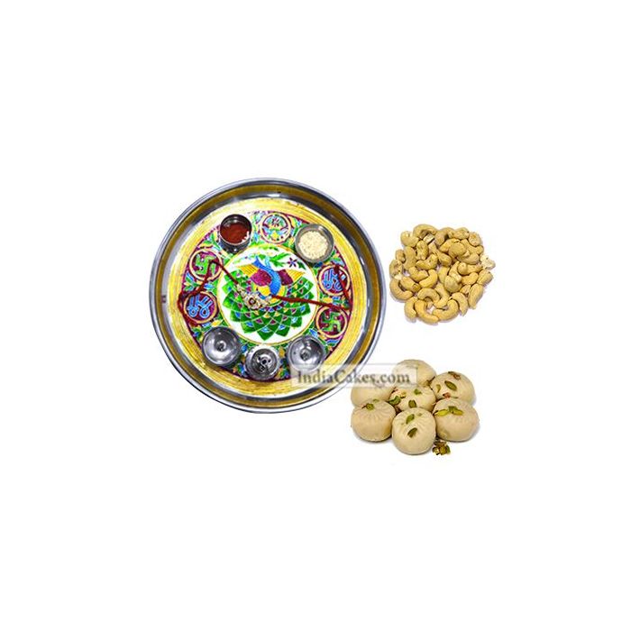 Golden Thali With Green Design And Pedha With Cashew Dryfruits Golden Thali With Green Design And Pedha With Cashew Dryfruits
