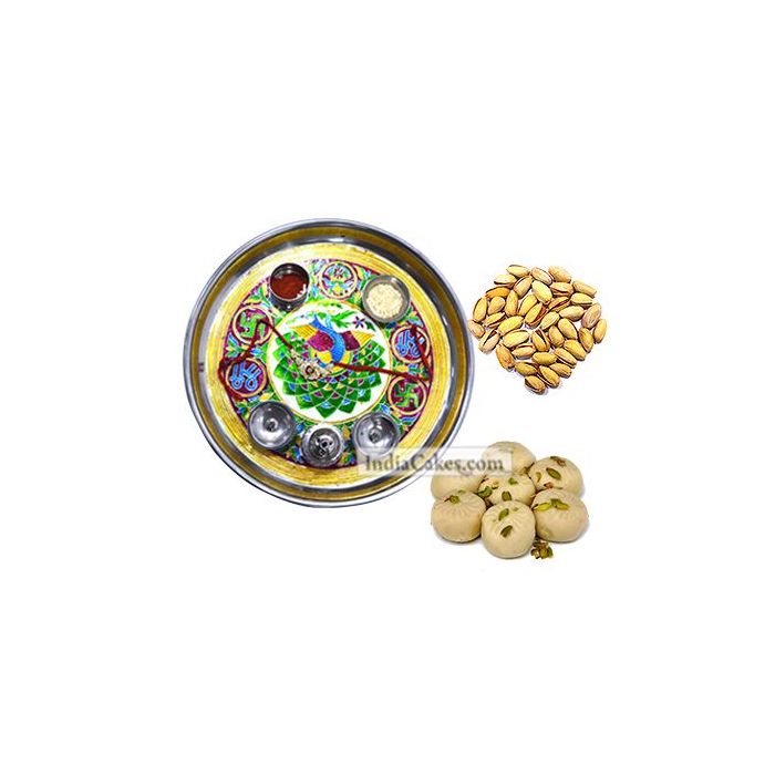 Golden Thali With Green Design And Pedha With Pista Dryfruits Golden Thali With Green Design And Pedha With Pista Dryfruits