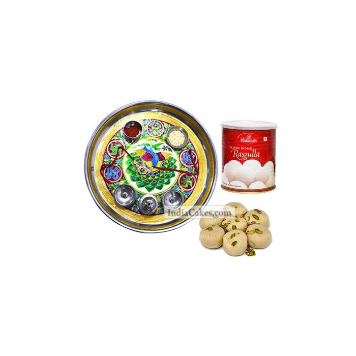 Golden Thali With Green Design And Pedha With Rasgulla Golden Thali With Green Design And Pedha With Rasgulla
