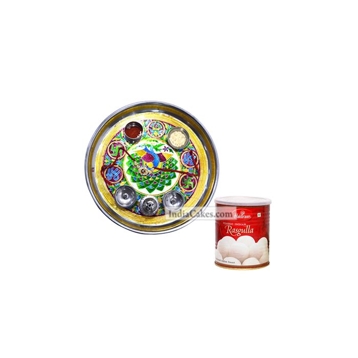 Golden Thali With Green Design And Rasgulla Golden Thali With Green Design And Rasgulla