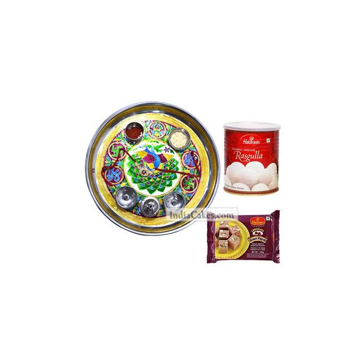 Golden Thali With Green Design And Rasgulla With Soanpapdi Golden Thali With Green Design And Rasgulla With Soanpapdi
