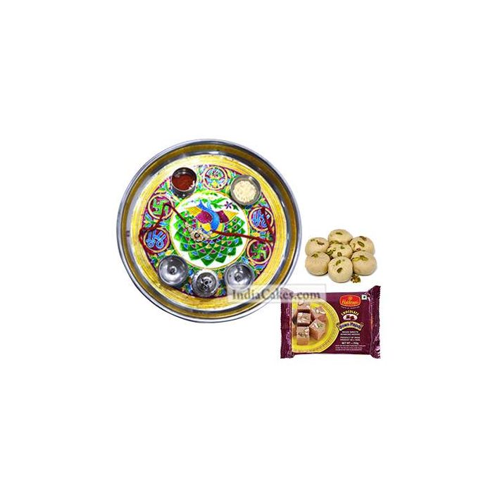 Golden Thali With Green Design And Soanpapdi With Pedha Golden Thali With Green Design And Soanpapdi With Pedha
