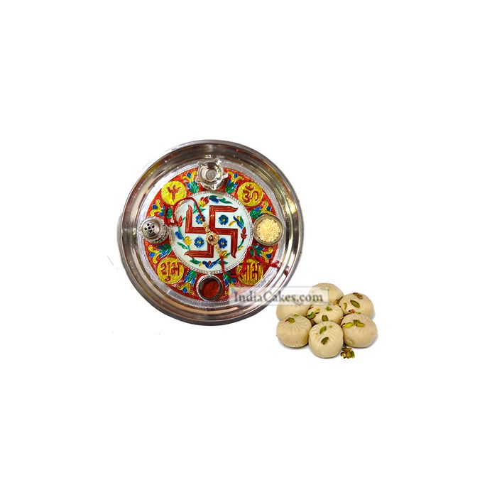 Golden Thali With Red Design And Pedha Golden Thali With Red Design And Pedha