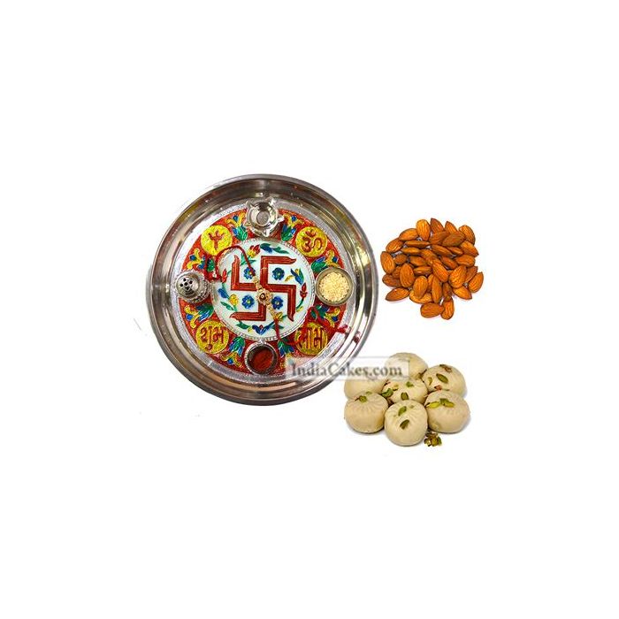 Golden Thali With Red Design And Pedha With Almond Dryfruits Golden Thali With Red Design And Pedha With Almond Dryfruits