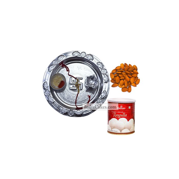 Silver Thali And Rasgulla And Almond Silver Thali And Rasgulla And Almond