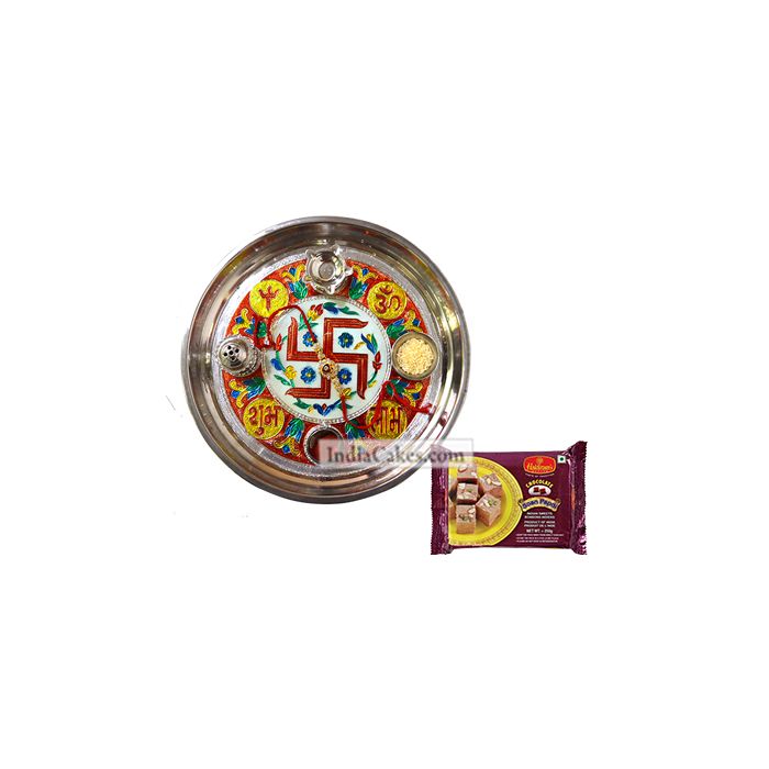 Golden Thali With Red Design And Soanpapdi Golden Thali With Red Design And Soanpapdi