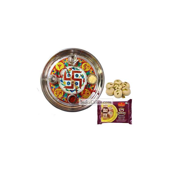 Golden Thali With Red Design And Soanpapdi With Pedha Golden Thali With Red Design And Soanpapdi With Pedha